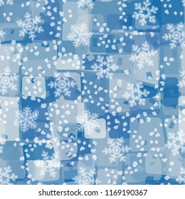 Seamless abstract pattern painted in colors of winter landscape.
In the foreground are snowflakes and symbolic snow flakes.