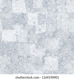 Seamless abstract pattern painted in colors of winter landscape.
In the foreground of the picture are clear and transparent snowflakes.