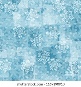 Seamless abstract pattern painted in colors of winter landscape.
In the foreground of the picture are clear and transparent snowflakes.