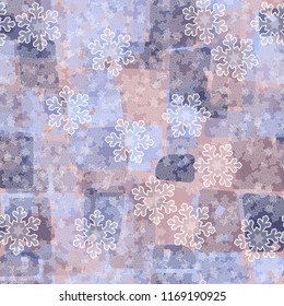 Seamless abstract pattern painted in colors of winter landscape.
In the foreground of the picture are clear and transparent snowflakes.