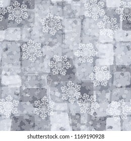 Seamless abstract pattern painted in colors of winter landscape.
In the foreground of the picture are clear and transparent snowflakes.