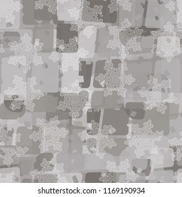 Seamless abstract pattern painted in colors of winter landscape.
In the foreground of the picture are semi-transparent snowflakes.