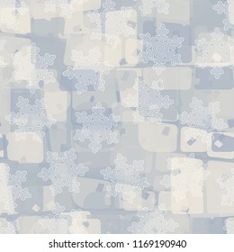Seamless abstract pattern painted in colors of winter landscape.
In the foreground of the picture are semi-transparent snowflakes.