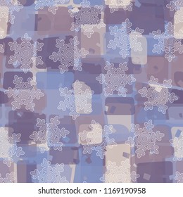 Seamless abstract pattern painted in colors of winter landscape.
In the foreground of the picture are semi-transparent snowflakes.