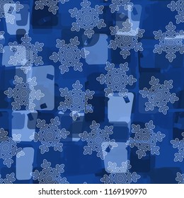 Seamless abstract pattern painted in colors of winter landscape.
In the foreground of the picture are semi-transparent snowflakes.