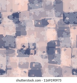 Seamless abstract pattern painted in colors of winter landscape.
In the foreground of the picture are semi-transparent snowflakes.