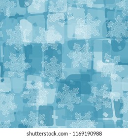 Seamless abstract pattern painted in colors of winter landscape.
In the foreground of the picture are semi-transparent snowflakes.