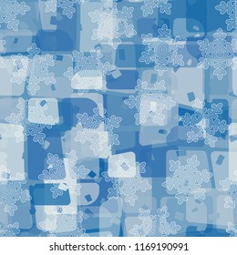 Seamless abstract pattern painted in colors of winter landscape.
In the foreground of the picture are semi-transparent snowflakes.
