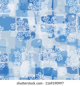 Seamless abstract pattern painted in colors of winter landscape.
In the foreground of the picture are acute-angled translucent snowflakes.