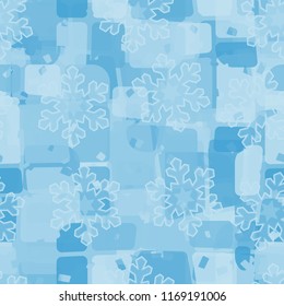 Seamless abstract pattern painted in colors of winter landscape.
In the foreground of the picture are acute-angled translucent snowflakes.