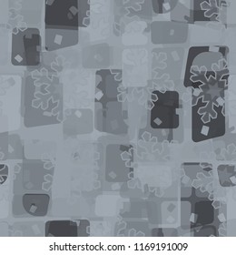 Seamless abstract pattern painted in colors of winter landscape.
In the foreground of the picture are acute-angled translucent snowflakes.