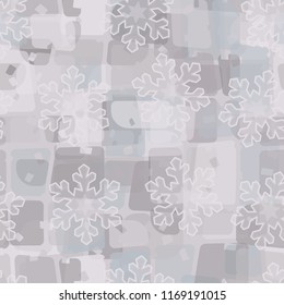 Seamless abstract pattern painted in colors of winter landscape.
In the foreground of the picture are acute-angled translucent snowflakes.