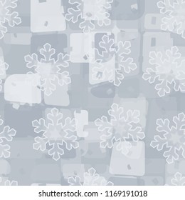 Seamless abstract pattern painted in colors of winter landscape.
In the foreground of the picture are acute-angled translucent snowflakes.