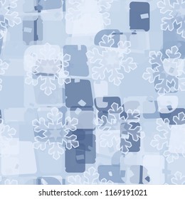 Seamless abstract pattern painted in colors of winter landscape.
In the foreground of the picture are acute-angled translucent snowflakes.