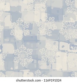 Seamless abstract pattern painted in colors of winter landscape.
In the foreground of the picture are acute-angled translucent snowflakes.