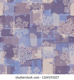 Seamless abstract pattern painted in colors of winter landscape.
In the foreground of the picture are acute-angled translucent snowflakes.