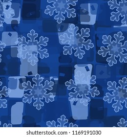 Seamless abstract pattern painted in colors of winter landscape.
In the foreground of the picture are acute-angled translucent snowflakes.