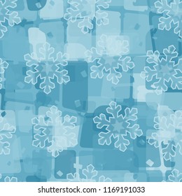 Seamless abstract pattern painted in colors of winter landscape.
In the foreground of the picture are acute-angled translucent snowflakes.