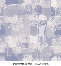 Seamless abstract pattern painted in colors of winter landscape.
In the foreground of the picture are acute-angled translucent snowflakes.
