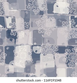 Seamless abstract pattern painted in colors of winter landscape.
In the foreground of the picture are acute-angled translucent snowflakes.