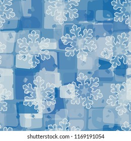 Seamless abstract pattern painted in colors of winter landscape.
In the foreground of the picture are acute-angled translucent snowflakes.