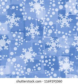 Seamless abstract pattern painted in colors of winter landscape.
In the foreground are snowflakes and small round spots.