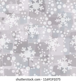 Seamless abstract pattern painted in colors of winter landscape.
In the foreground are snowflakes and small round spots.