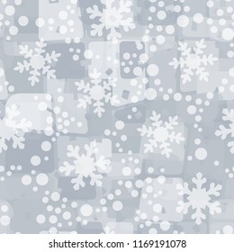 Seamless abstract pattern painted in colors of winter landscape.
In the foreground are snowflakes and small round spots.