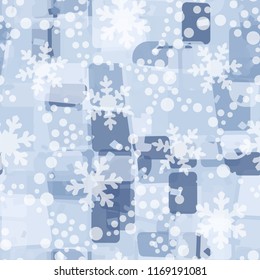 Seamless abstract pattern painted in colors of winter landscape.
In the foreground are snowflakes and small round spots.