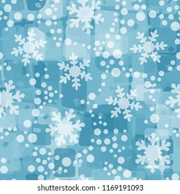 Seamless abstract pattern painted in colors of winter landscape.
In the foreground are snowflakes and small round spots.