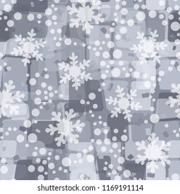 Seamless abstract pattern painted in colors of winter landscape.
In the foreground are snowflakes and small round spots.