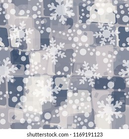 Seamless abstract pattern painted in colors of winter landscape.
In the foreground are snowflakes and small round spots.