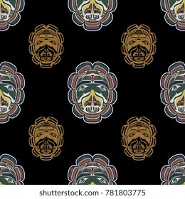 Seamless abstract pattern with painted folk totem hawk masks of Canadian Kwakiutl Indians.