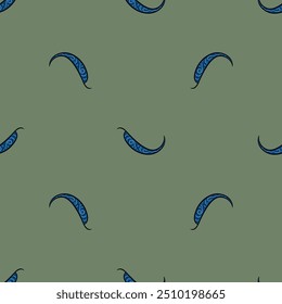 Seamless abstract pattern with paisley motifs. Abstract blue elements on green background.