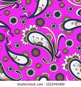 Seamless abstract pattern in paisley style. Bright print for textiles. Vector illustration.