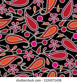 Seamless abstract pattern in paisley style. Red turkish cucumbers and flowers on a black background. Bright print for textiles. Vector illustration.