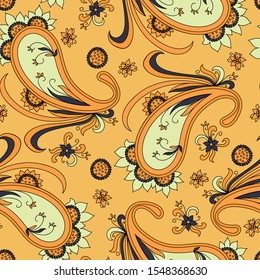 Seamless abstract pattern in paisley style. Print in yellow colors for textiles and paper. Vector illustration.
