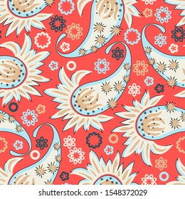Seamless abstract pattern in paisley style. Print in red colors for textiles and paper. Vector illustration.