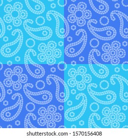 Seamless abstract pattern in paisley style. On a blue background, white lace silhouettes of flowers and Turkish cucumbers. Print for textiles and paper. Vector illustration.