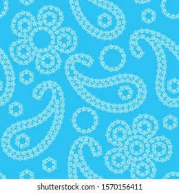 Seamless abstract pattern in paisley style. On a blue background, white lace silhouettes of flowers and Turkish cucumbers. Print for textiles and paper. Vector illustration.