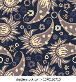 Seamless abstract pattern in paisley style. Against a dark background, stylized flowers and Turkish cucumbers. Print for textiles and paper. Vector illustration.