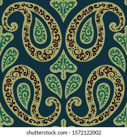 Seamless abstract pattern in paisley style. Dark print for textiles and paper. Vector illustration.