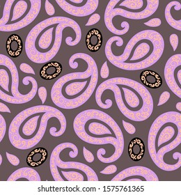 Seamless abstract pattern in paisley style. Print for textile and paper in lilac colors. Vector illustration.