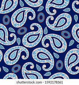 Seamless abstract pattern in paisley style. Turkish cucumbers, painted with a cute pattern, are located on a blue background. Traditional print for textiles and paper. Vector illustration.