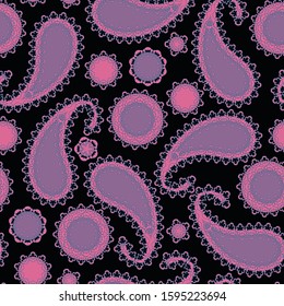 Seamless abstract pattern in paisley style. Lacy Turkish cucumbers and stylized flowers are located on a dark background. Print for textiles and paper. Vector illustration.