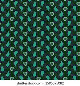 Seamless abstract pattern in paisley style. On a dark green background are vertical stripes of Turkish cucumbers. Print for textiles and paper. Vector illustration.