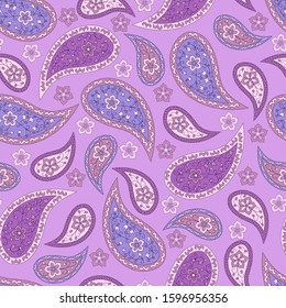 Seamless abstract pattern in paisley style. Print for textile and paper in delicate lilac pink colors. Vector illustration.