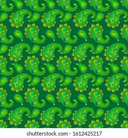 Seamless abstract pattern in paisley style. Aged print for paper and textile in green colors. Vector illustration.