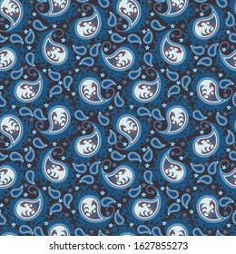 Seamless abstract pattern in paisley style. Print for textile and paper in blue colors. Vector illustration.