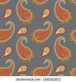 Seamless abstract pattern in paisley style. On a gray background are bright Turkish cucumbers. Print for textile and paper. Vector illustration.
